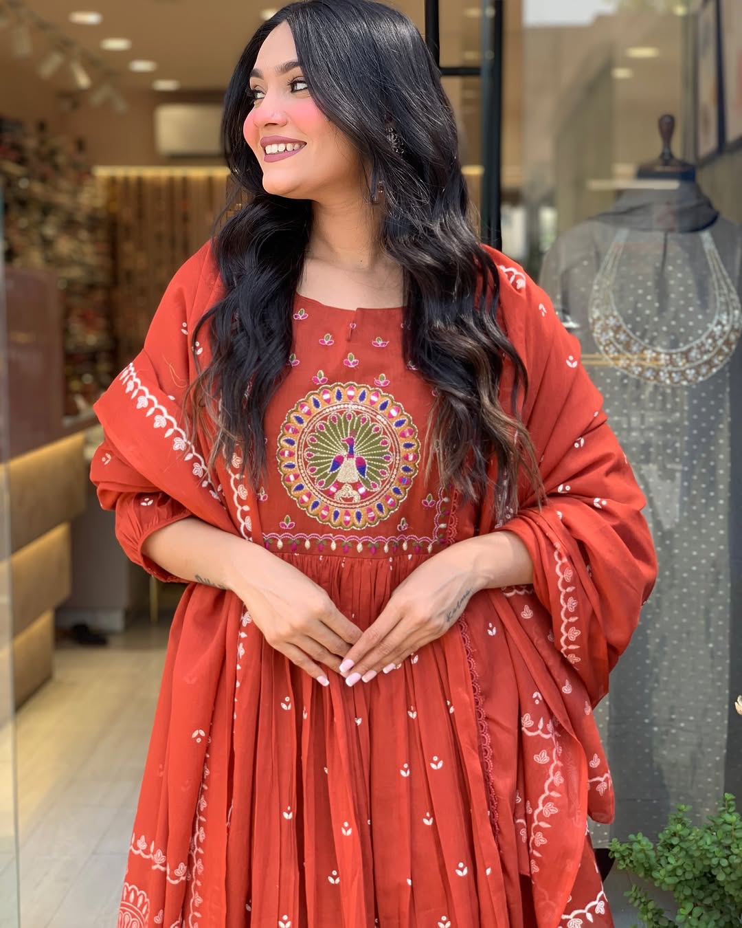 Vibrant Rust Anarkali Suit With Embroidered Dupatta