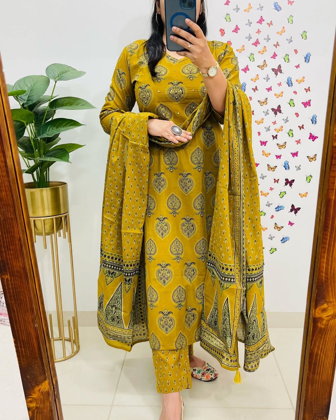 Graceful Mustard Yellow Block Print Outfit