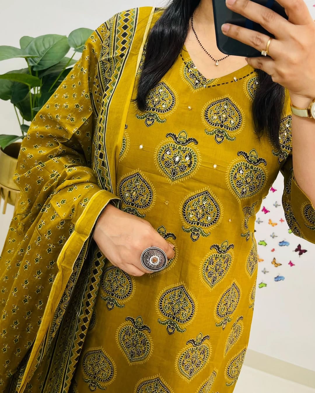 Graceful Mustard Yellow Block Print Outfit