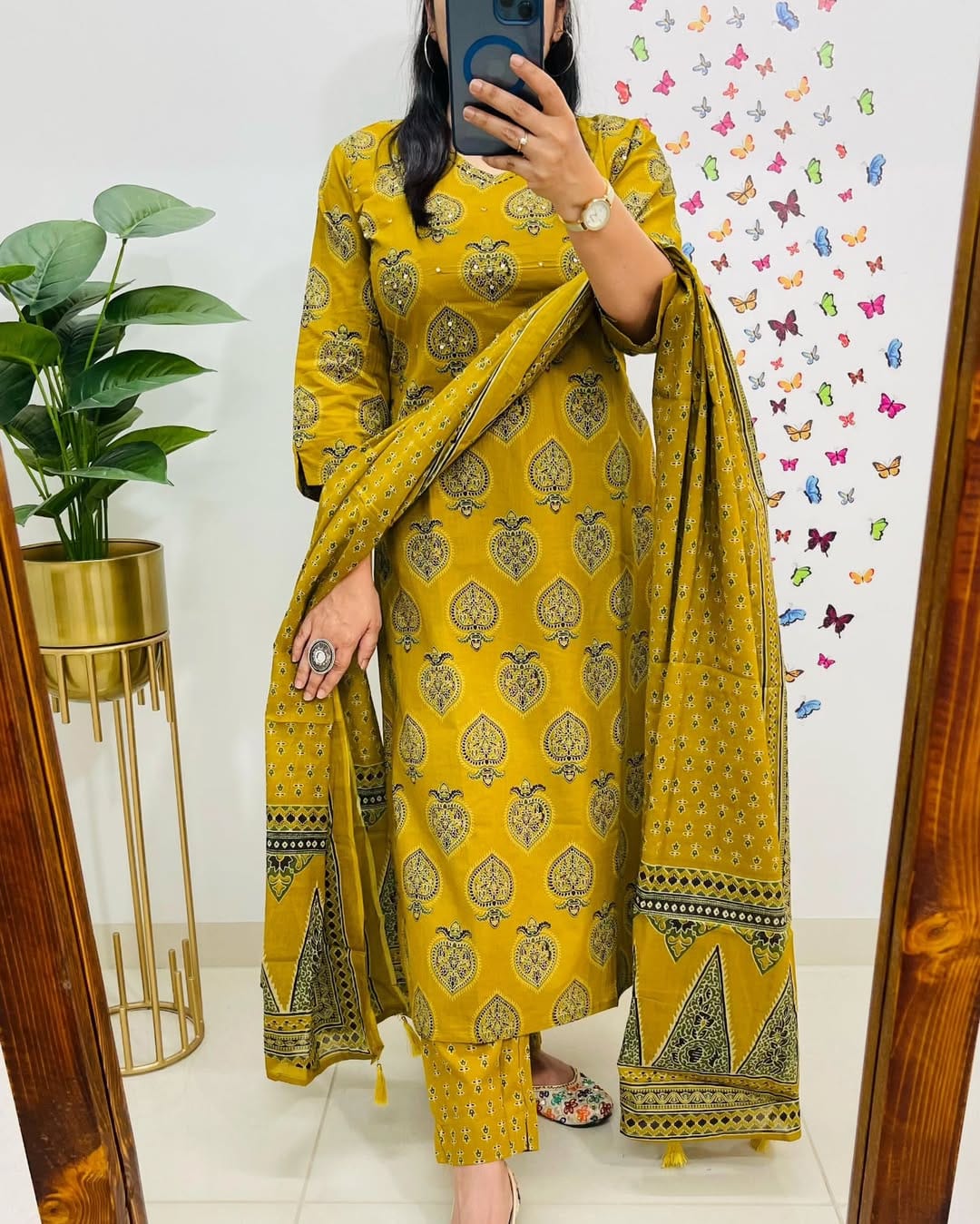 Graceful Mustard Yellow Block Print Outfit