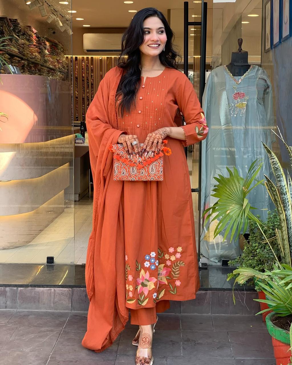 Rust Orange Embroidered Cotton Kurta Set