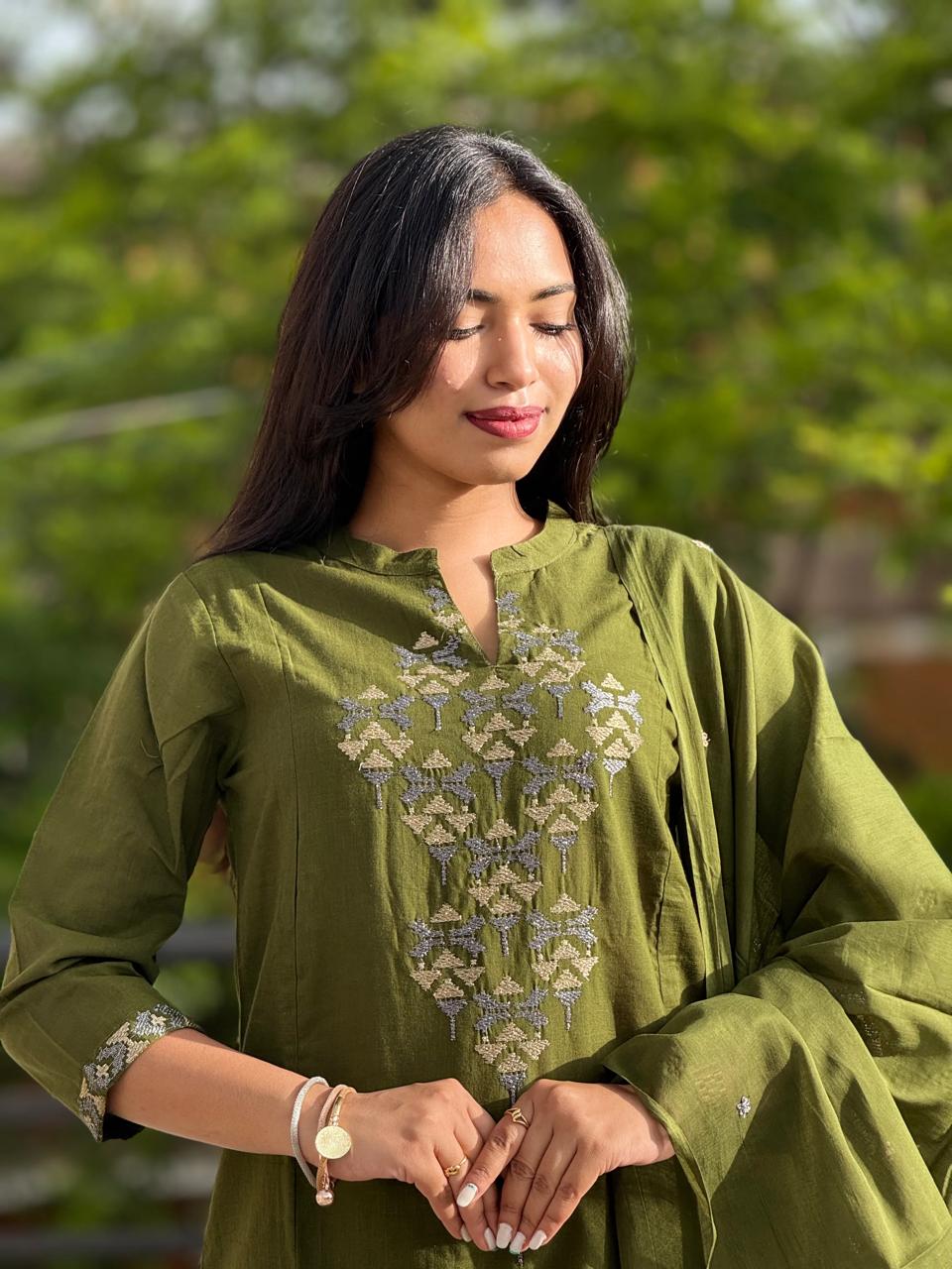 Elegant Olive Green Embroidered Suit with Dupatta