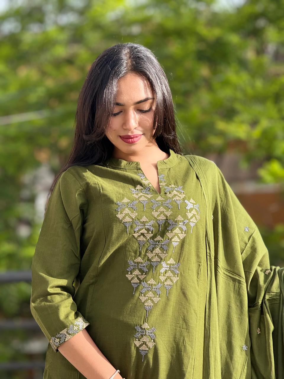 Elegant Olive Green Embroidered Suit with Dupatta