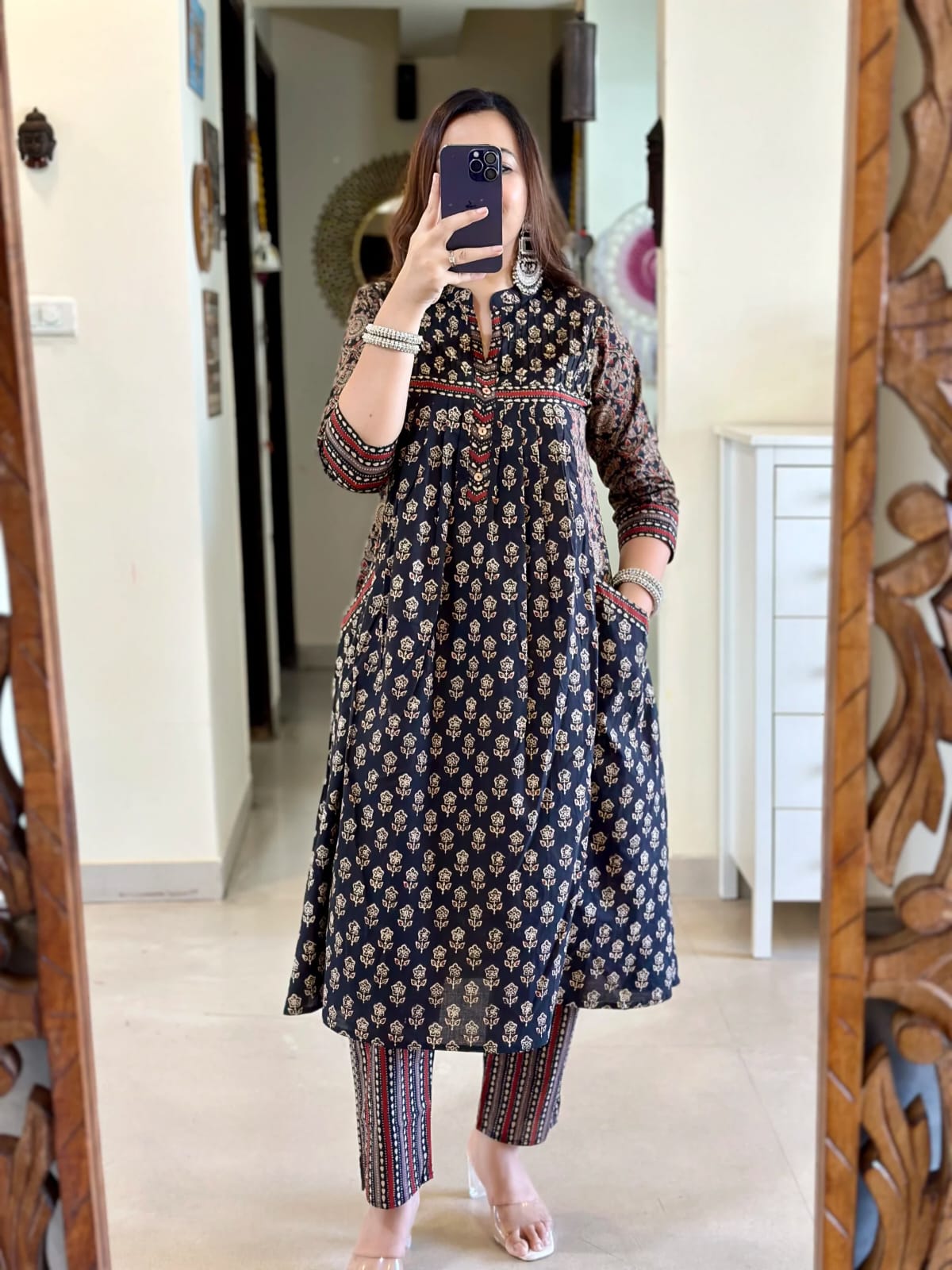 Elegant Navy Blue Printed Cotton Kurta Set