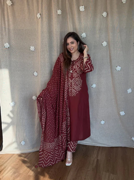 Maroon Handblock Printed Kurta Set with Dupatta