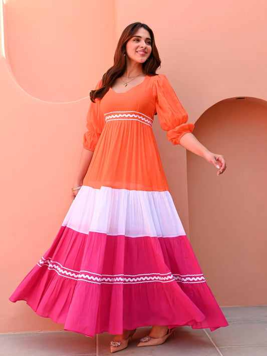 Sunset Coral Tiered Anarkali Dress with Pink & Ivory Panels