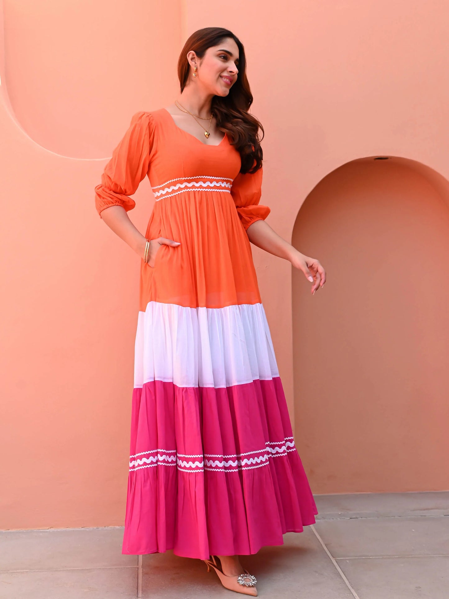 Sunset Coral Tiered Anarkali Dress with Pink & Ivory Panels