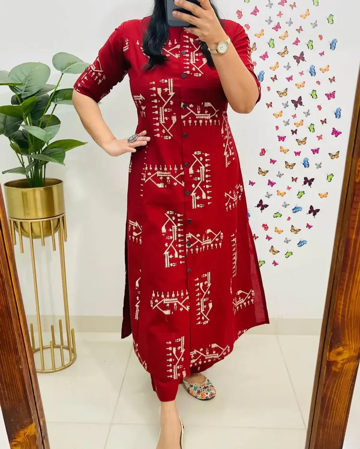 Crimson Red Tribal Print Button-Down Kurta Set