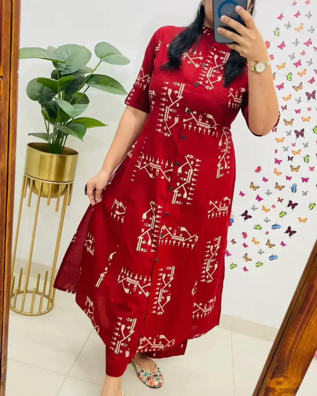 Crimson Red Tribal Print Button-Down Kurta Set