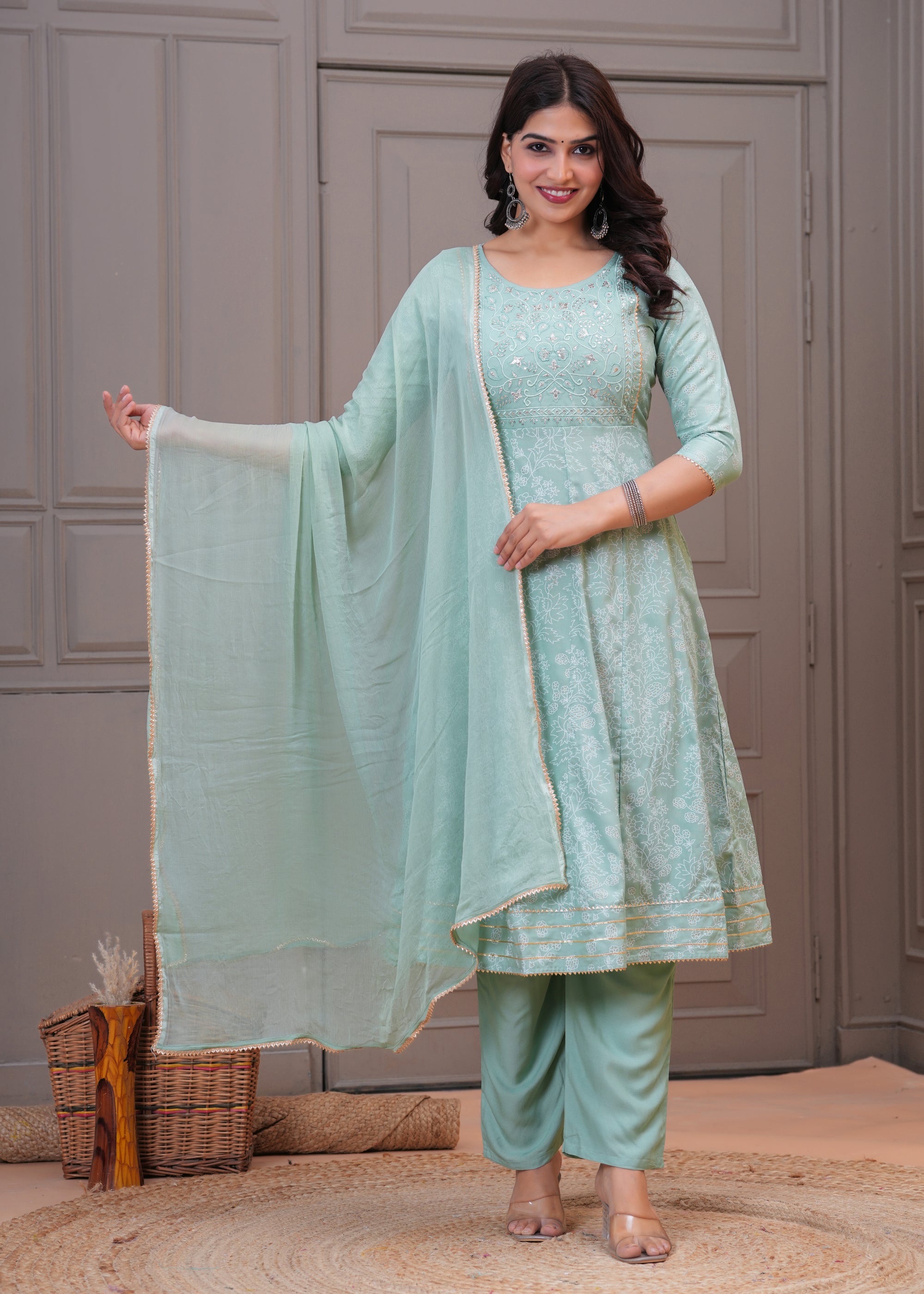 Mint Green Embroidered Chanderi Kurta Set