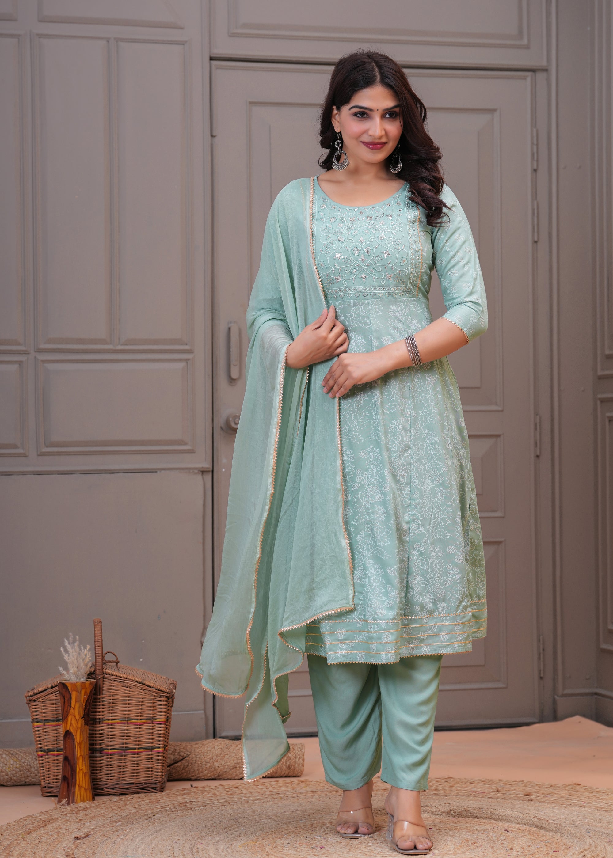Mint Green Embroidered Chanderi Kurta Set