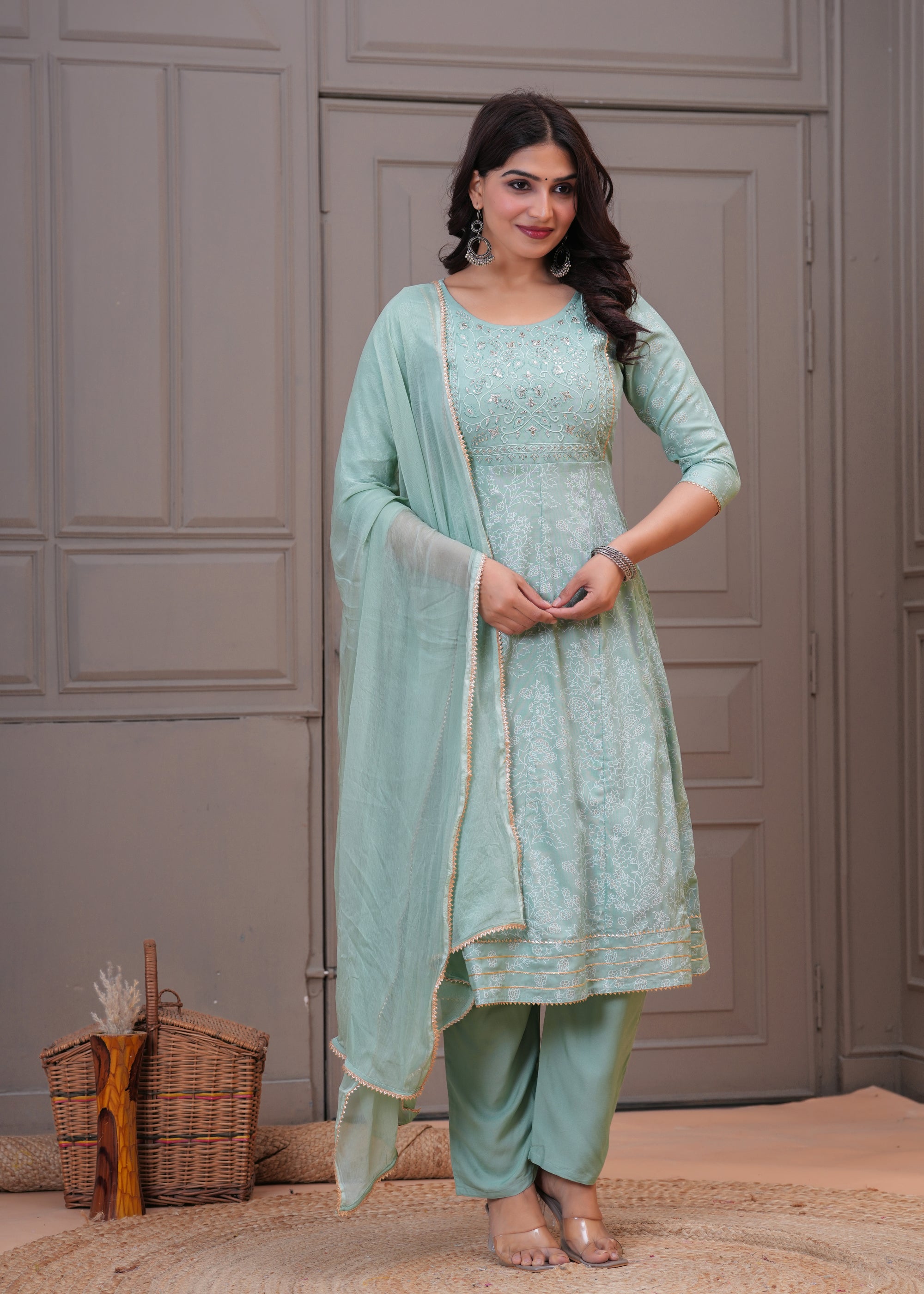Mint Green Embroidered Chanderi Kurta Set