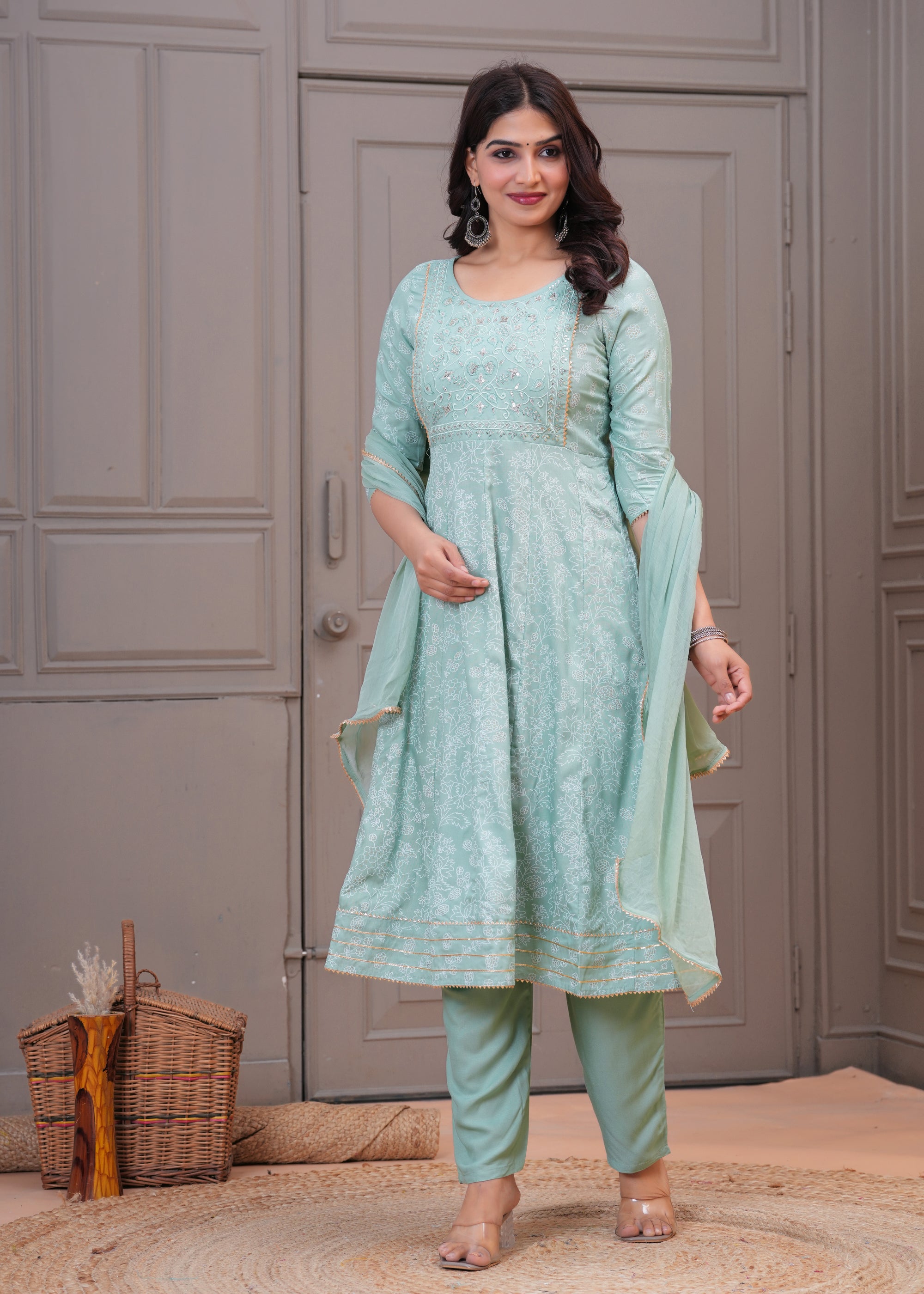 Mint Green Embroidered Chanderi Kurta Set
