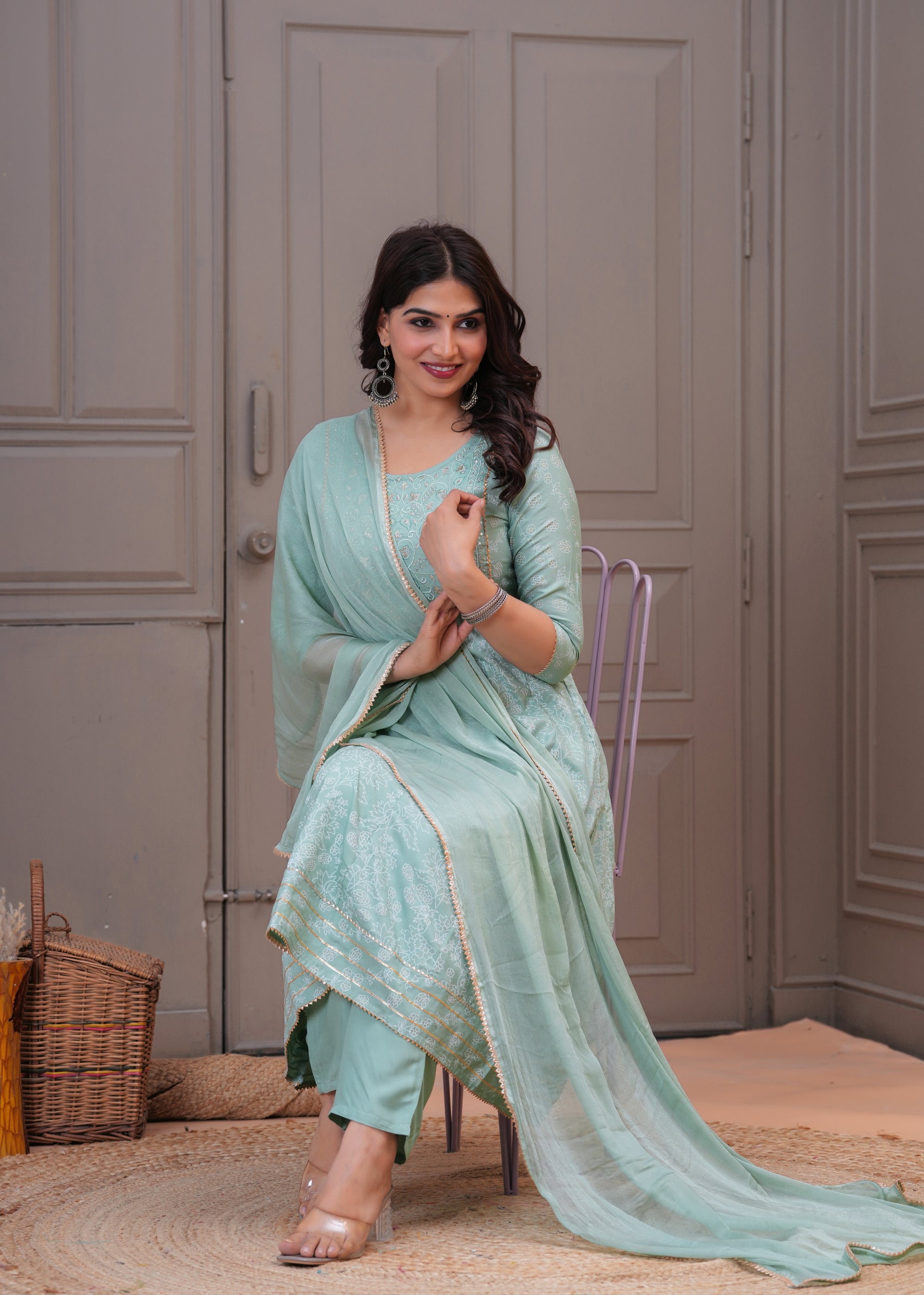 Mint Green Embroidered Chanderi Kurta Set