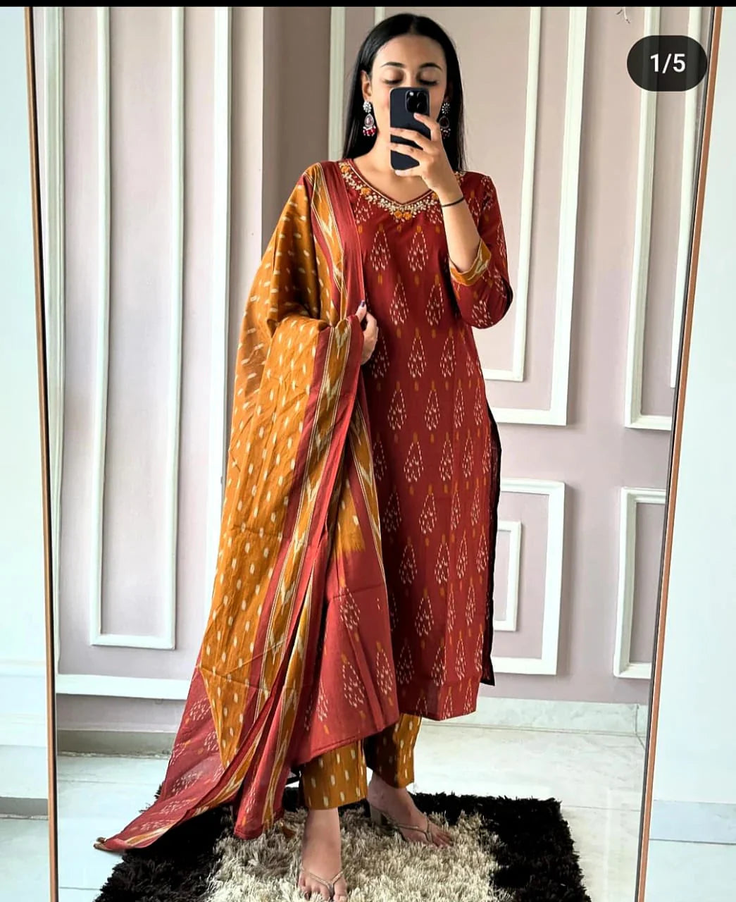 House of Bunkari Premium Ajrak Cotton Suit Set – Maroon & Mustard Ikat Print | Kurti, Pant & Dupatta