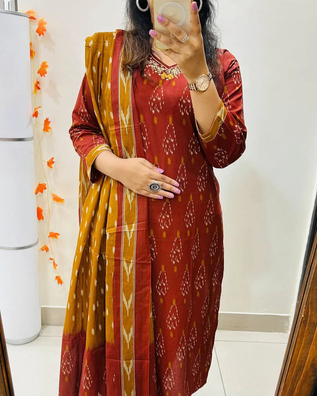 House of Bunkari Premium Ajrak Cotton Suit Set – Maroon & Mustard Ikat Print | Kurti, Pant & Dupatta