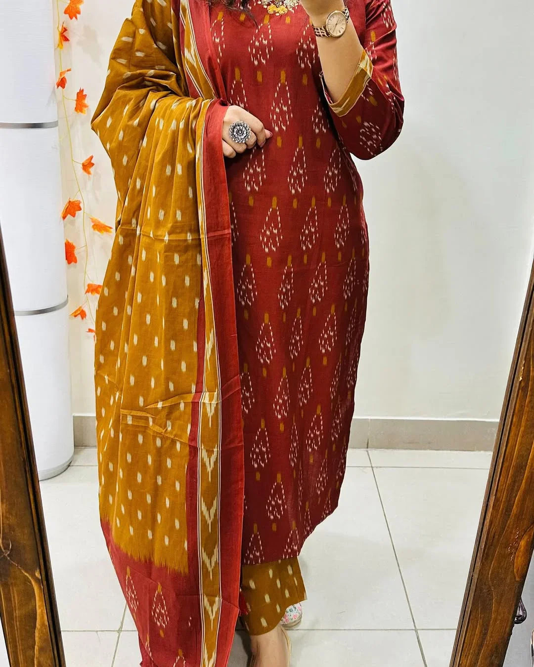 House of Bunkari Premium Ajrak Cotton Suit Set – Maroon & Mustard Ikat Print | Kurti, Pant & Dupatta