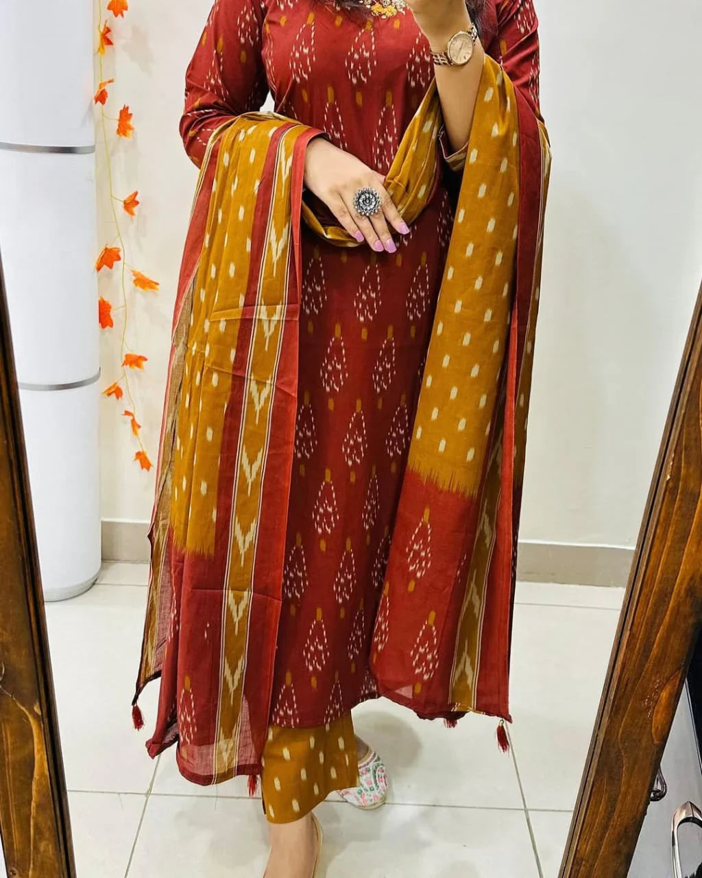 House of Bunkari Premium Ajrak Cotton Suit Set – Maroon & Mustard Ikat Print | Kurti, Pant & Dupatta