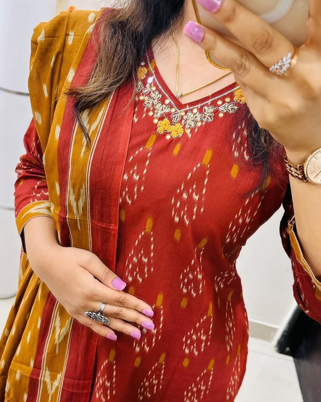 House of Bunkari Premium Ajrak Cotton Suit Set – Maroon & Mustard Ikat Print | Kurti, Pant & Dupatta