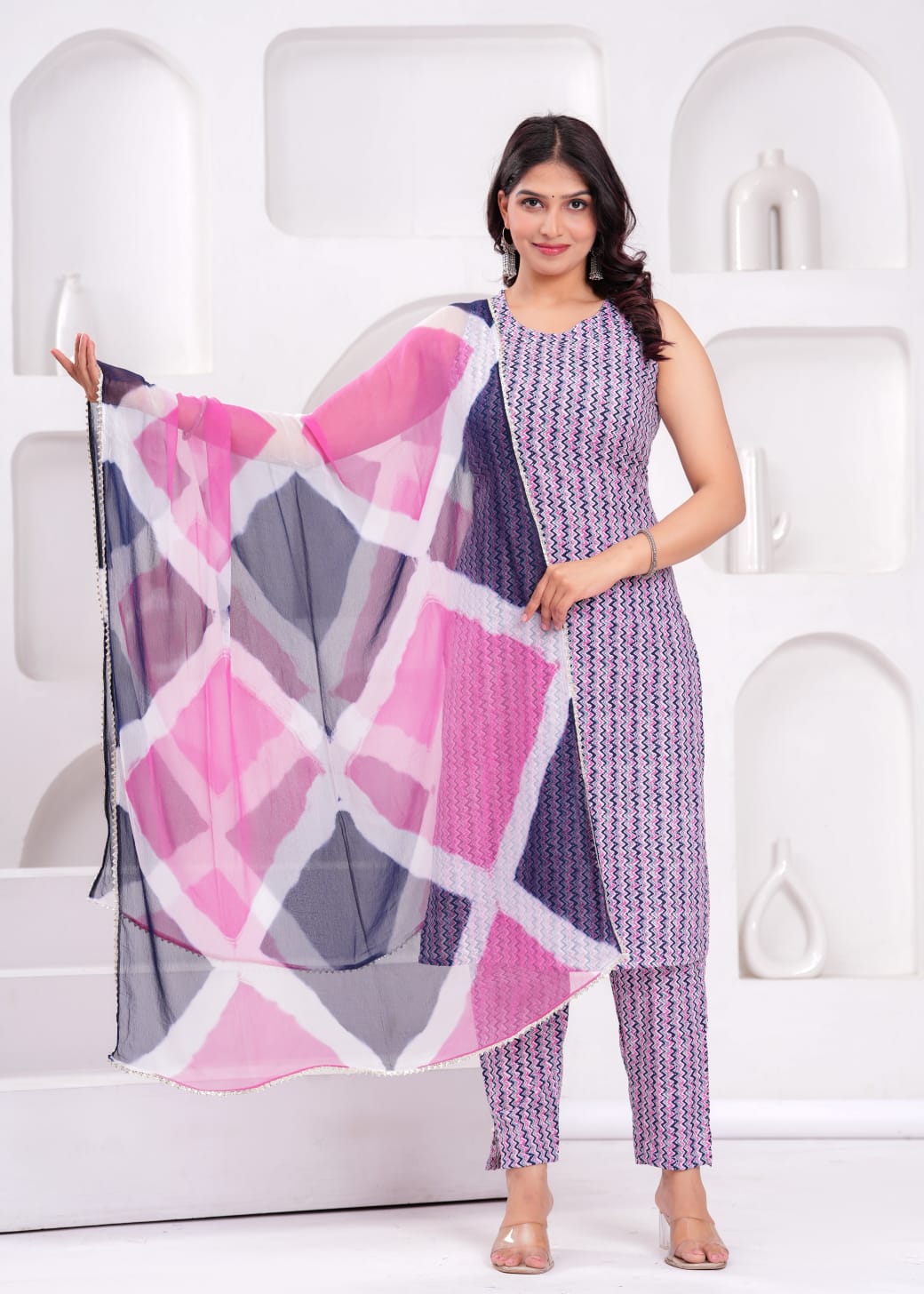 Pink & Navy Zigzag Print Sleeveless Suit Set with Abstract Dupatta