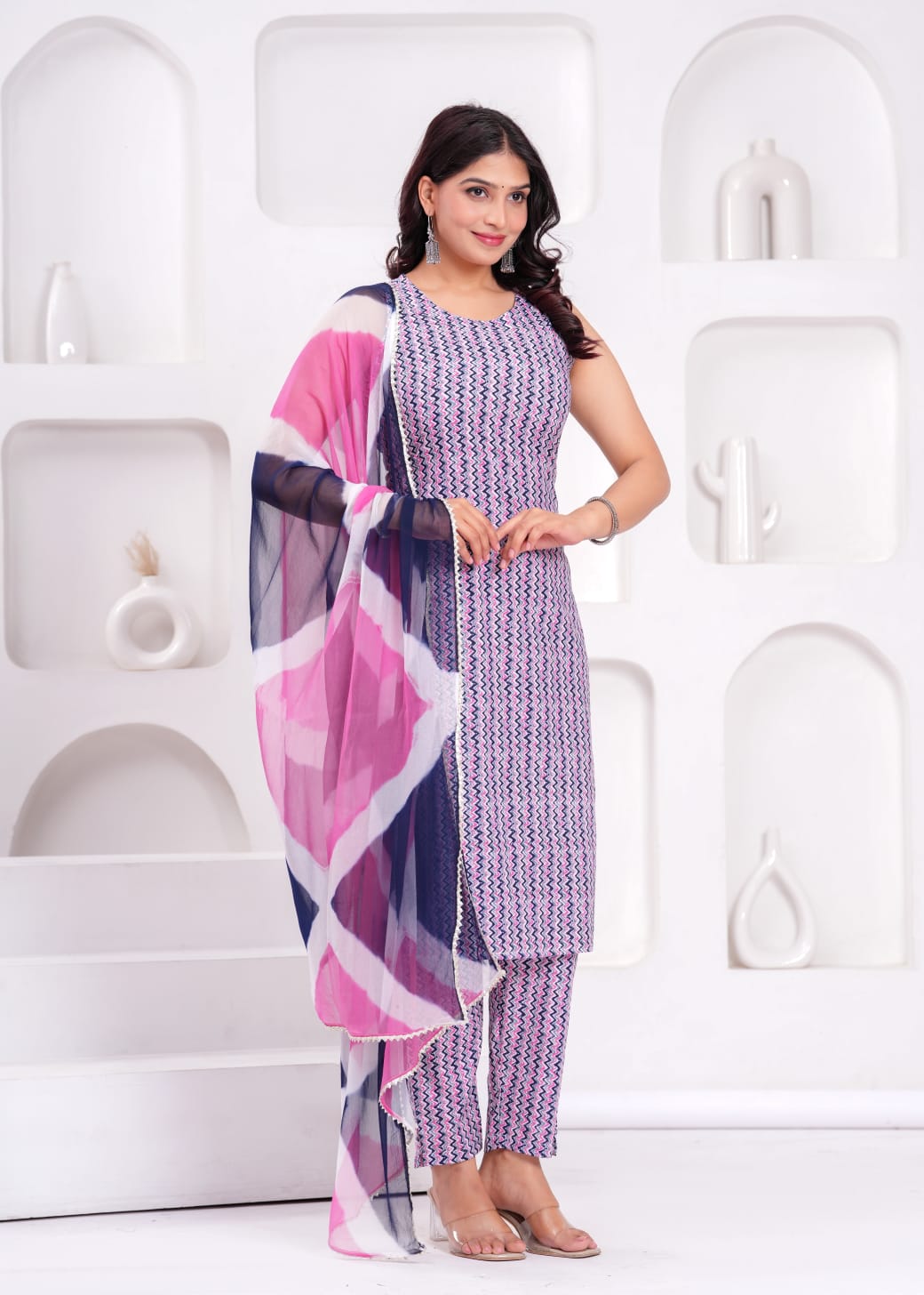 Pink & Navy Zigzag Print Sleeveless Suit Set with Abstract Dupatta