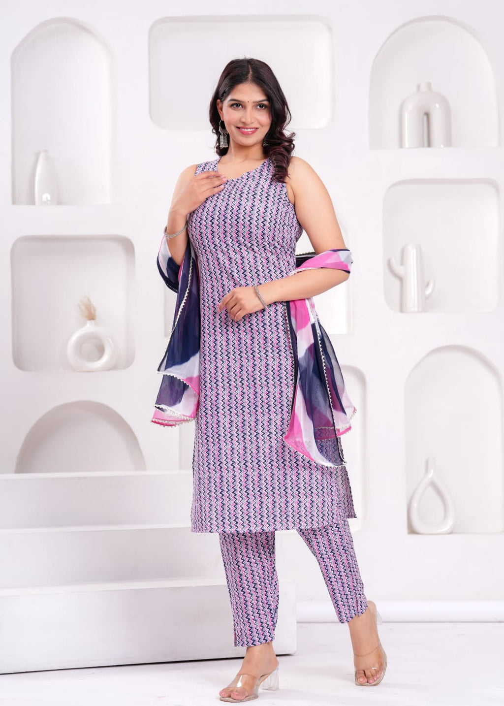 Pink & Navy Zigzag Print Sleeveless Suit Set with Abstract Dupatta