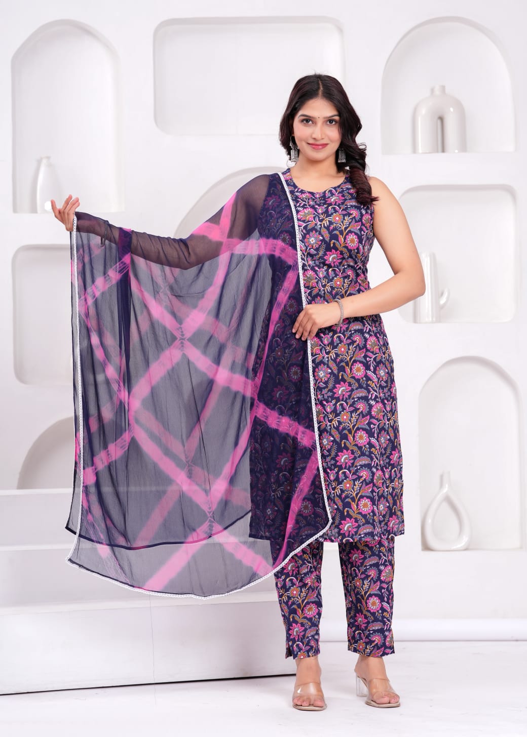 Sleeveless Navy Floral Suit Set with Tie-Dye Dupatta