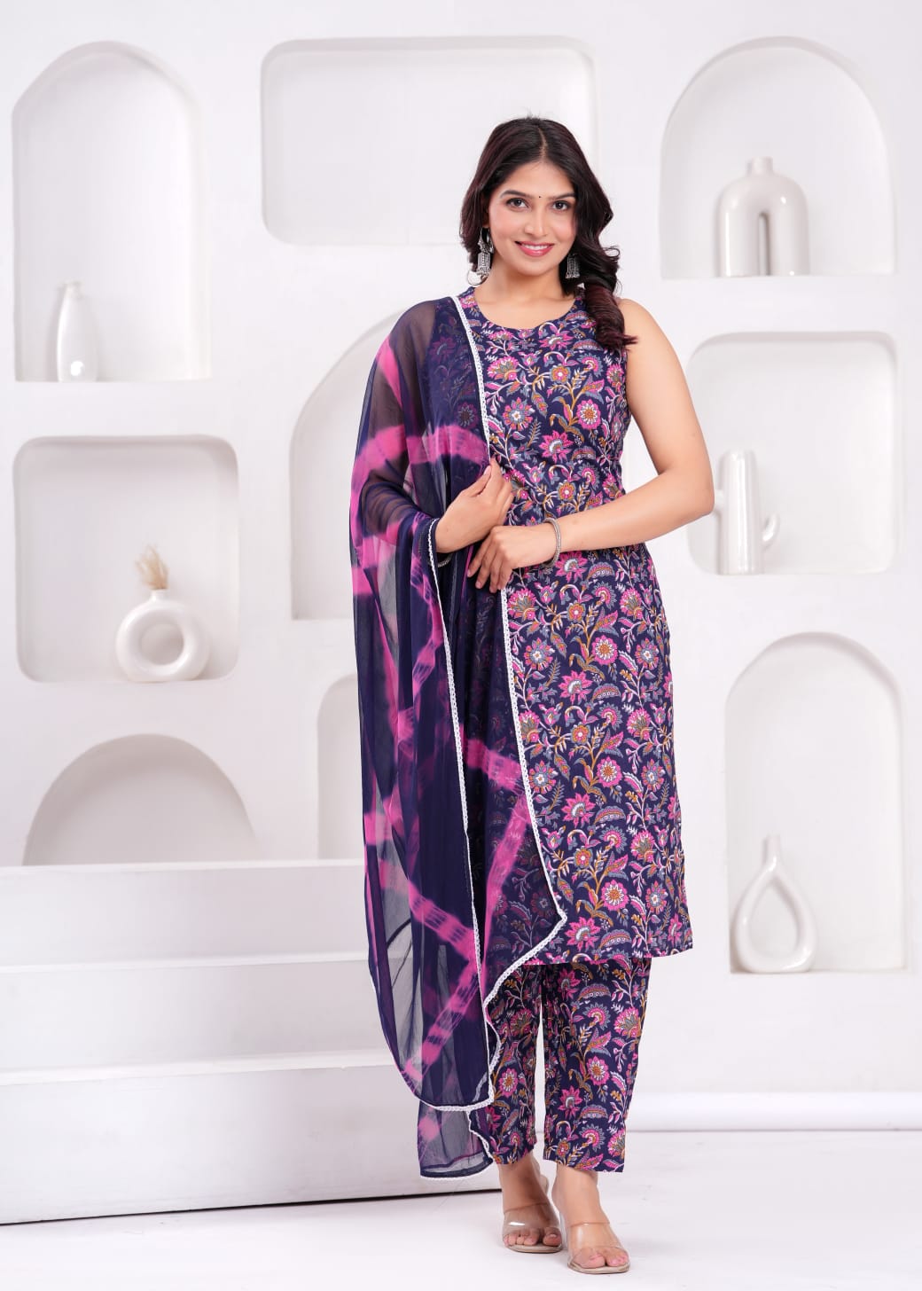 Sleeveless Navy Floral Suit Set with Tie-Dye Dupatta
