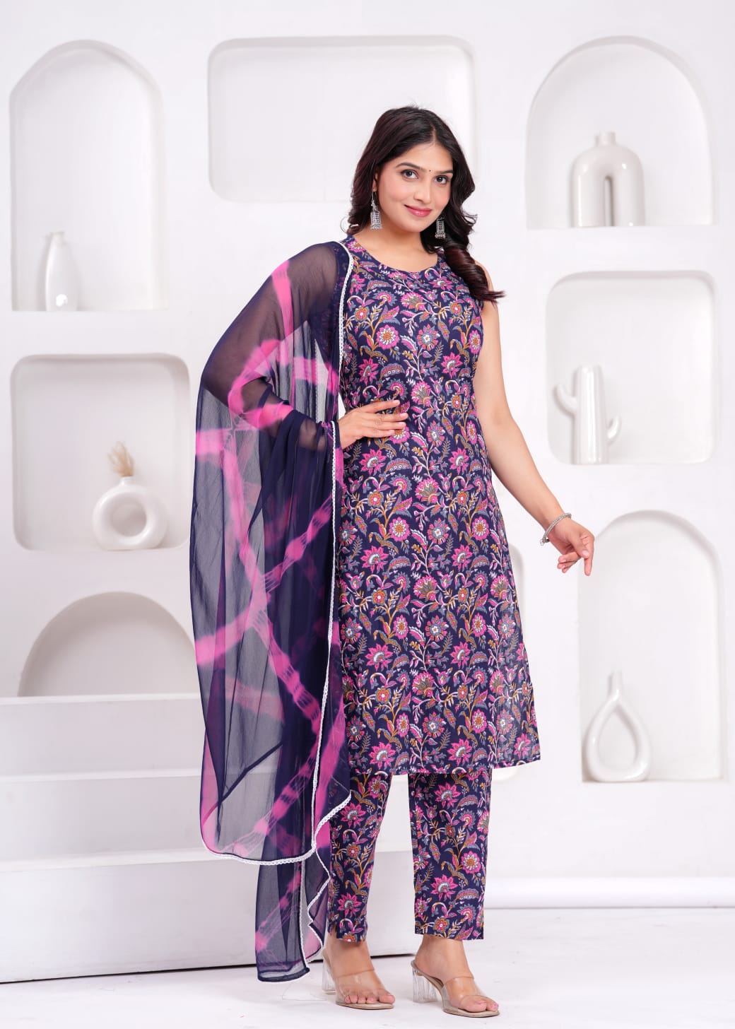 Sleeveless Navy Floral Suit Set with Tie-Dye Dupatta