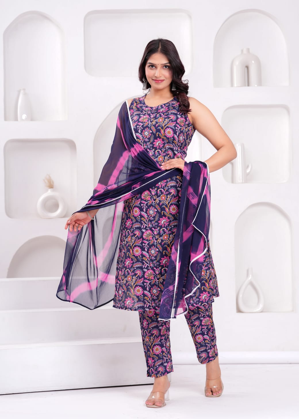 Sleeveless Navy Floral Suit Set with Tie-Dye Dupatta