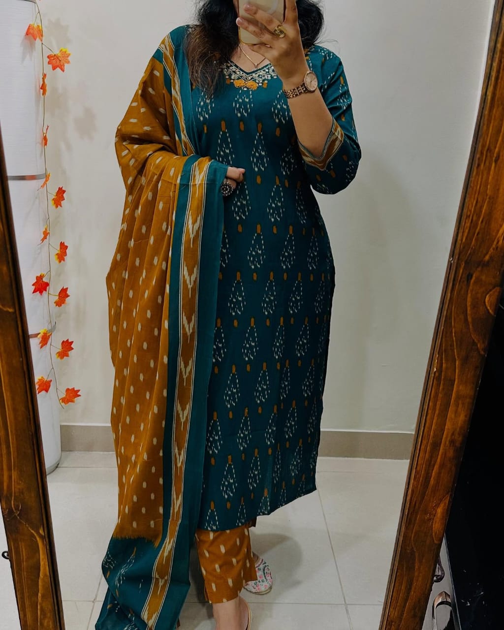 House of Bunkari Premium Ajrak Cotton Suit Set – Teal & Mustard Ikat Print | Kurti, Pant & Dupatta
