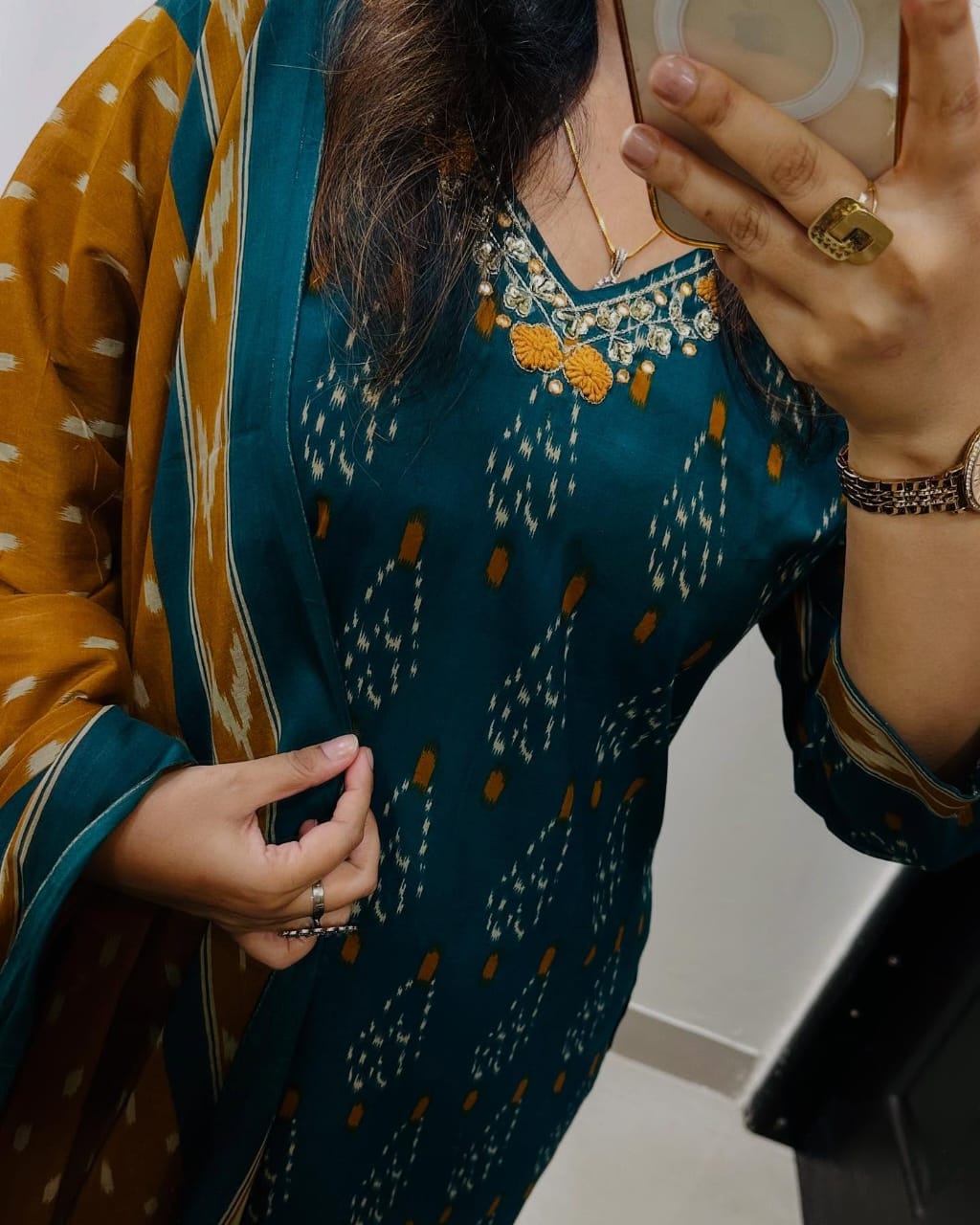House of Bunkari Premium Ajrak Cotton Suit Set – Teal & Mustard Ikat Print | Kurti, Pant & Dupatta