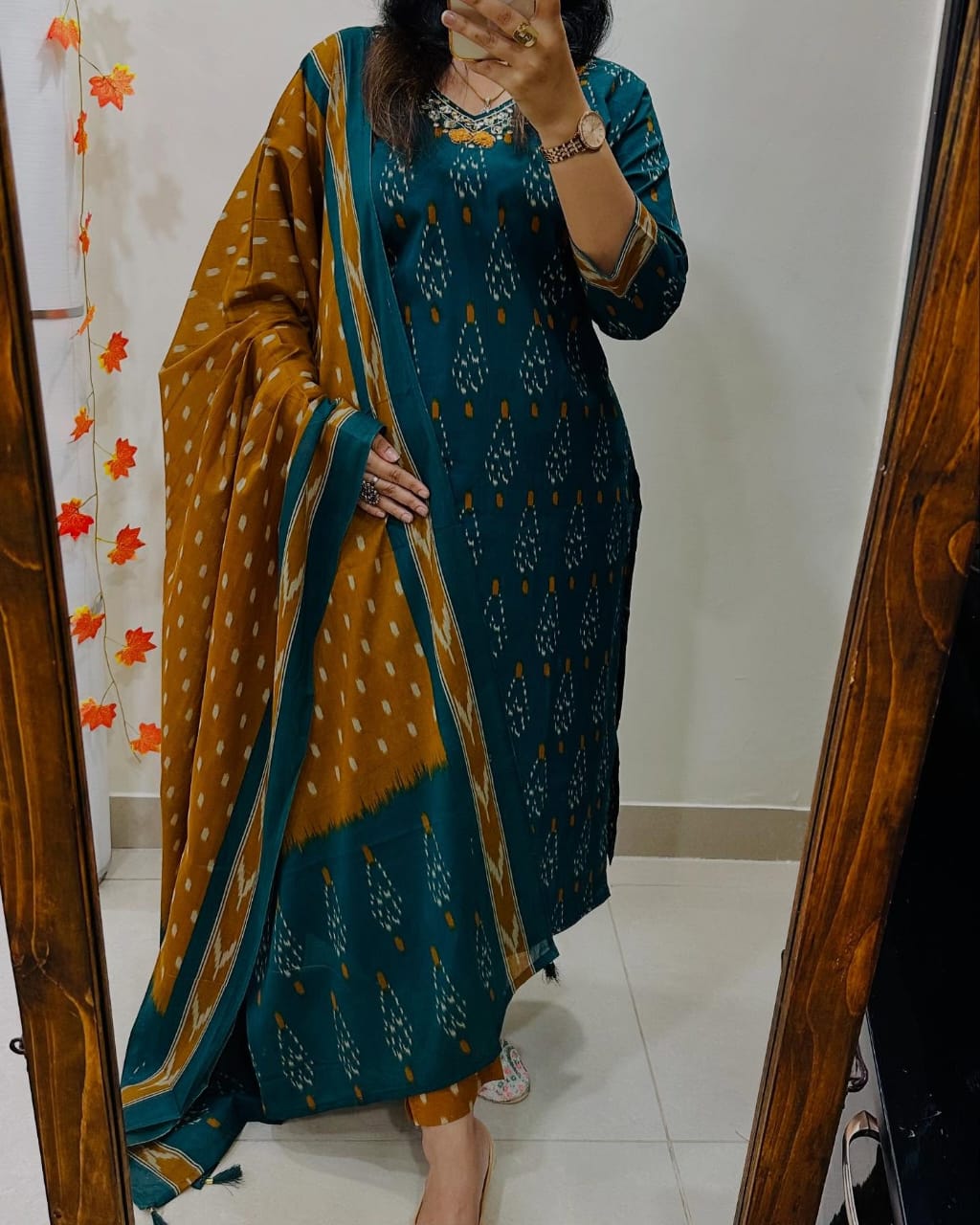 House of Bunkari Premium Ajrak Cotton Suit Set – Teal & Mustard Ikat Print | Kurti, Pant & Dupatta
