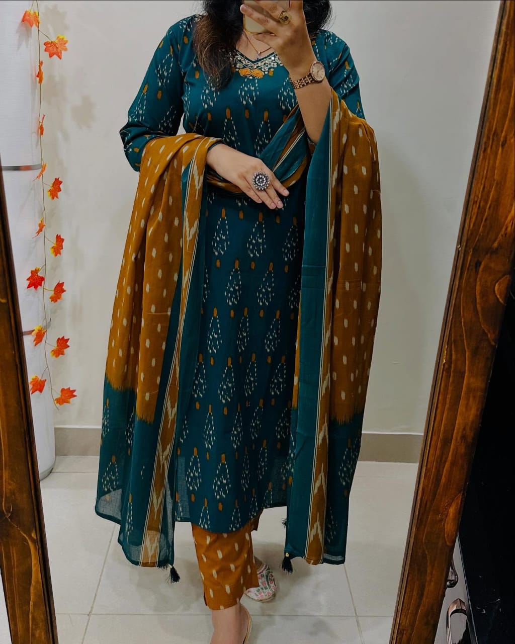 House of Bunkari Premium Ajrak Cotton Suit Set – Teal & Mustard Ikat Print | Kurti, Pant & Dupatta