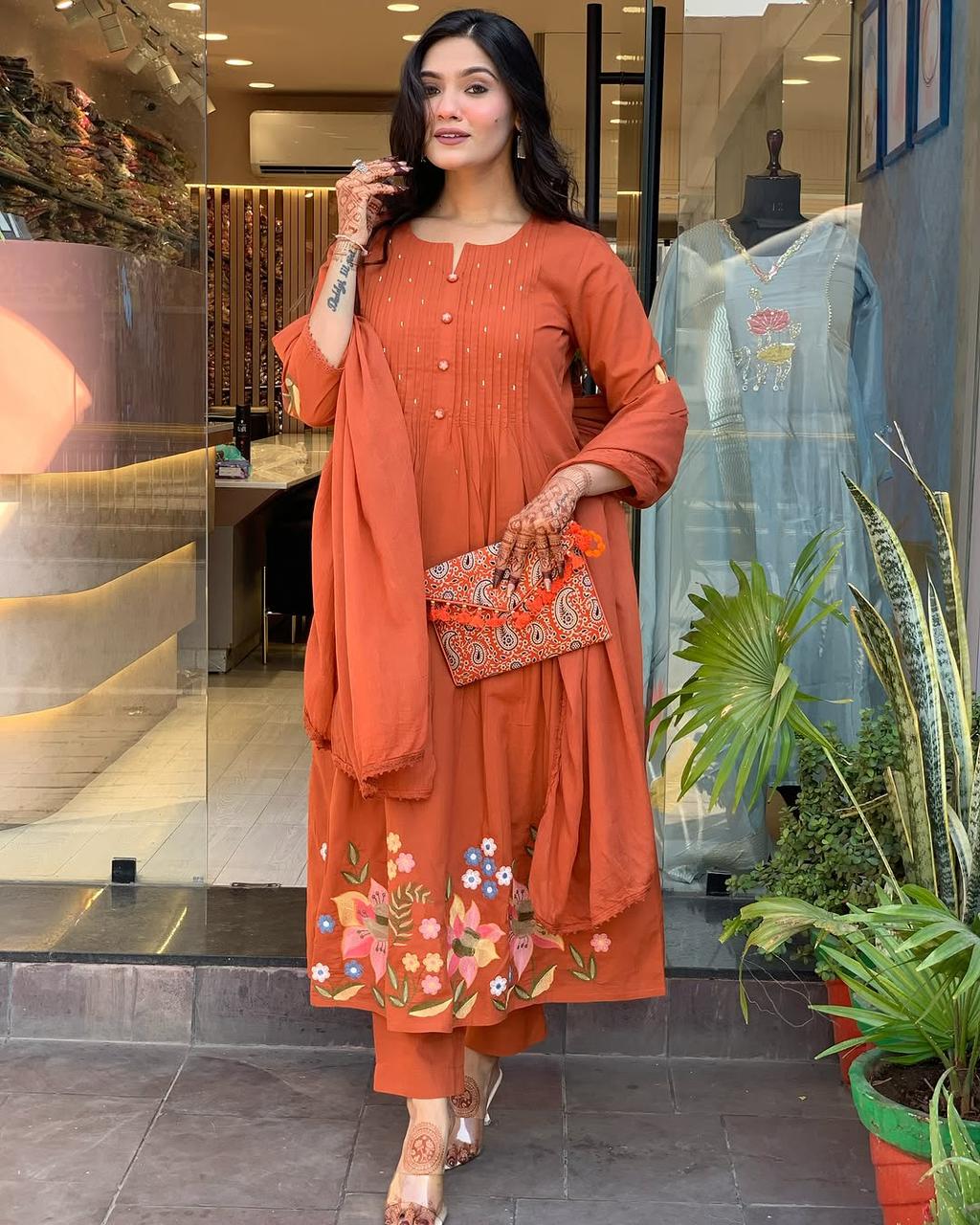 Rust Orange Embroidered Cotton Kurta Set