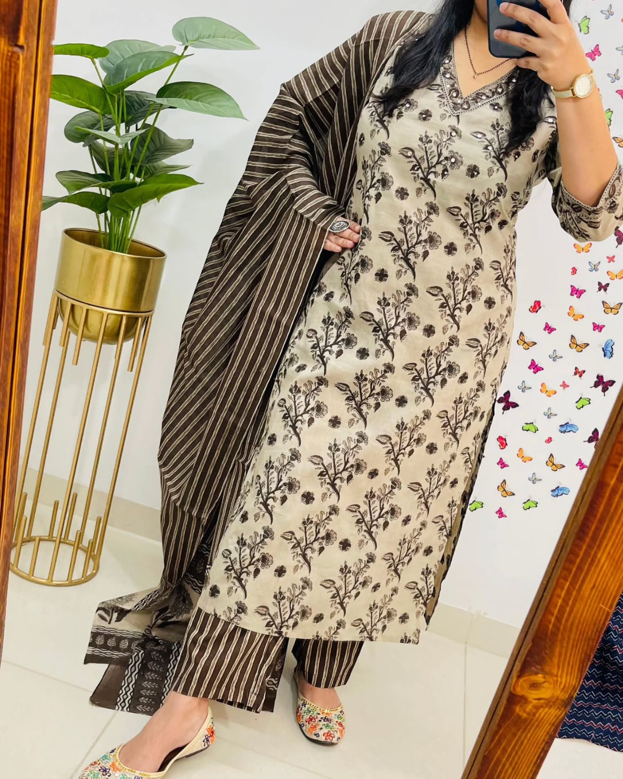 House of Bunkari Premium Bagru Cotton Suit Set – Beige & Brown Handblock Floral Print | Kurti, Pant & Striped Dupatta