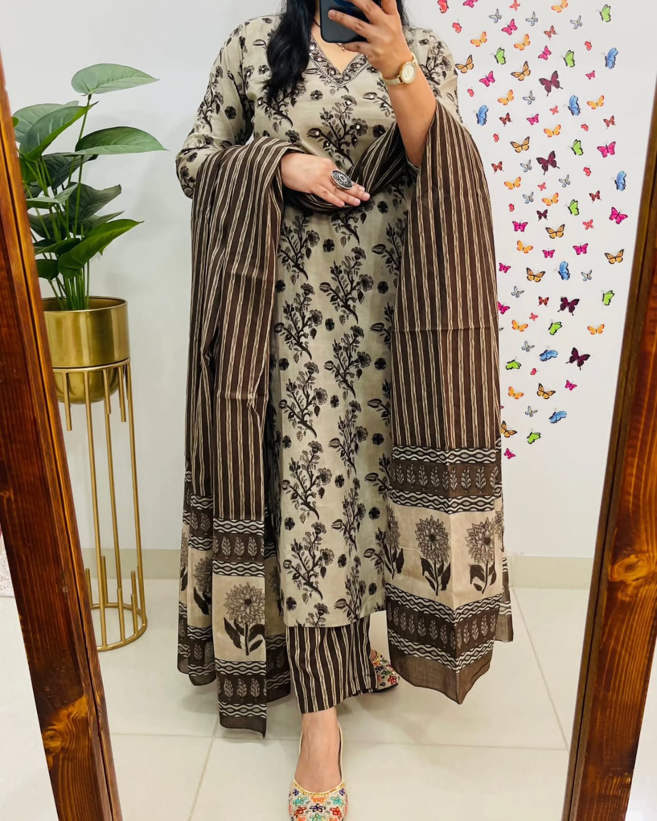 House of Bunkari Premium Bagru Cotton Suit Set – Beige & Brown Handblock Floral Print | Kurti, Pant & Striped Dupatta