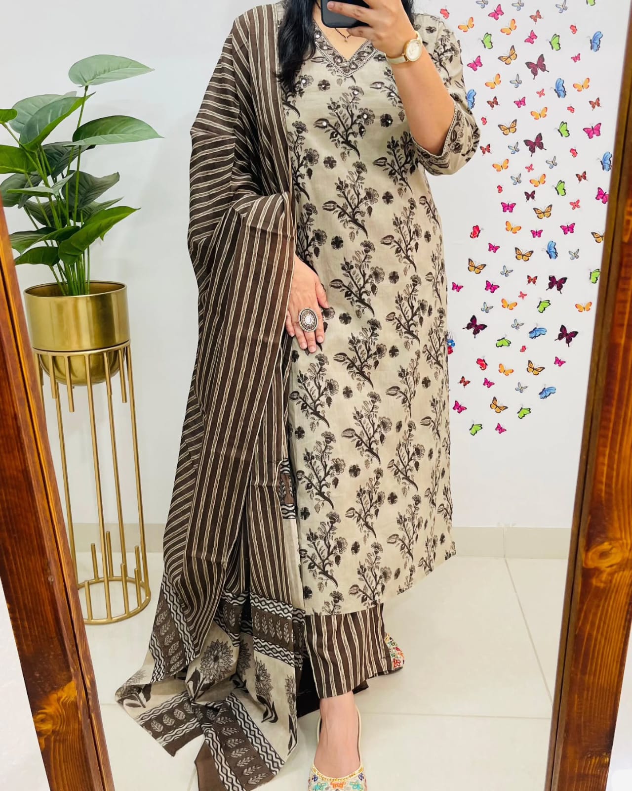 House of Bunkari Premium Bagru Cotton Suit Set – Beige & Brown Handblock Floral Print | Kurti, Pant & Striped Dupatta