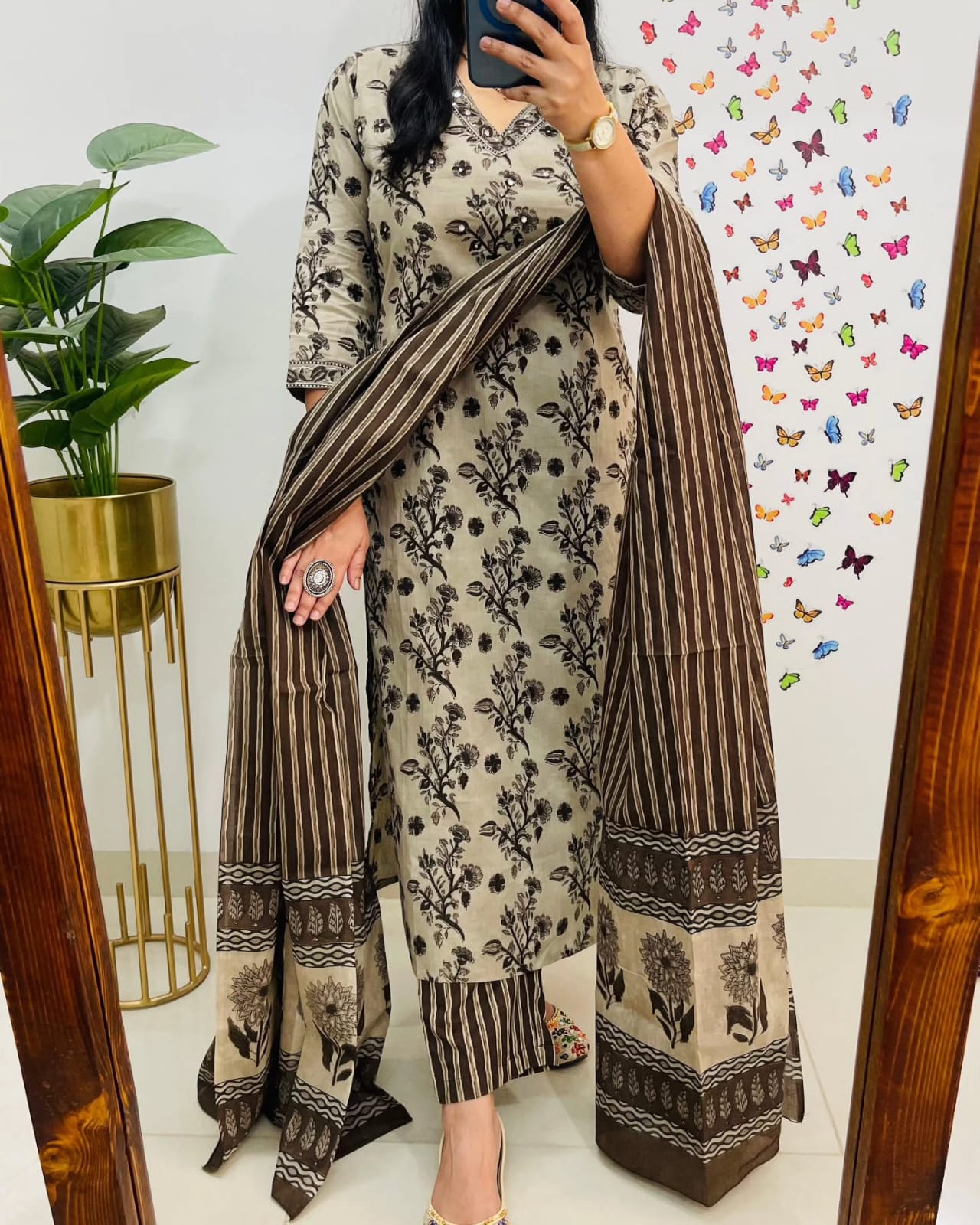House of Bunkari Premium Bagru Cotton Suit Set – Beige & Brown Handblock Floral Print | Kurti, Pant & Striped Dupatta