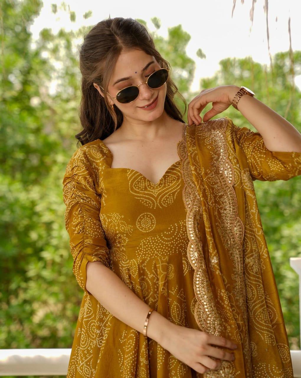 Mustard Bandhej Anarkali Suit Set with Heavy Lace Dupatta