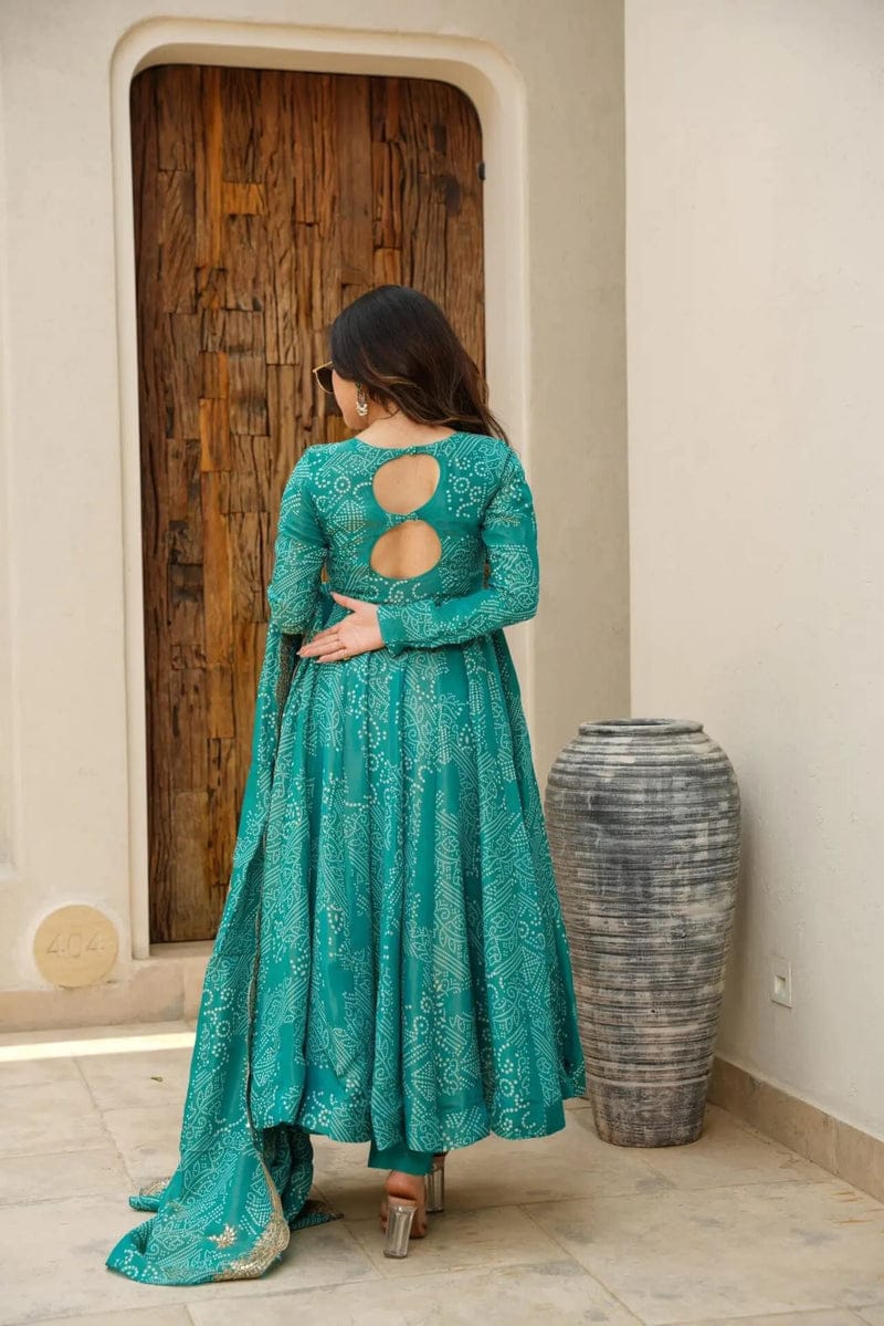 Teal Bandhej Anarkali Suit Set with Embellished Dupatta