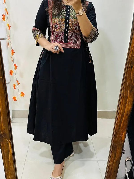Midnight Black Embroidered Kurta Set with Multicolor Yoke