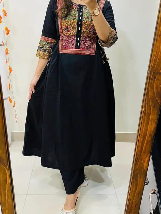 Midnight Black Embroidered Kurta Set with Multicolor Yoke