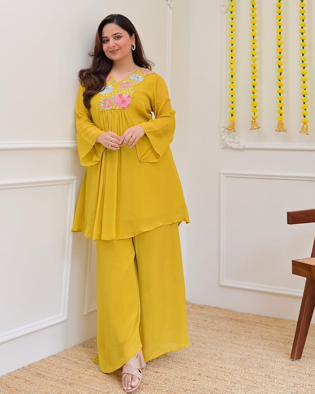 Mustard Yellow Floral Embroidered Yoke Short Kurti with Palazzo Set