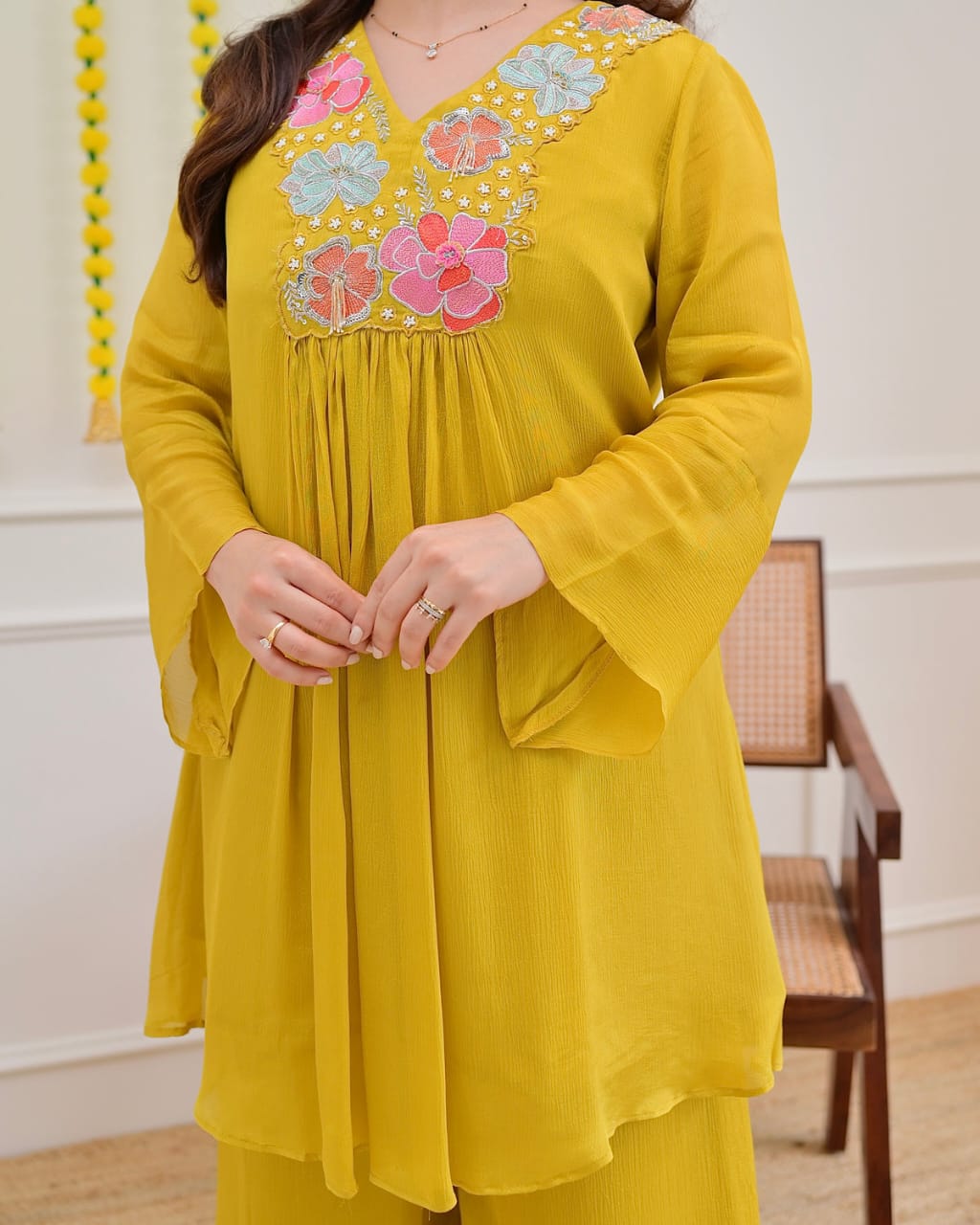 Mustard Yellow Floral Embroidered Yoke Short Kurti with Palazzo Set