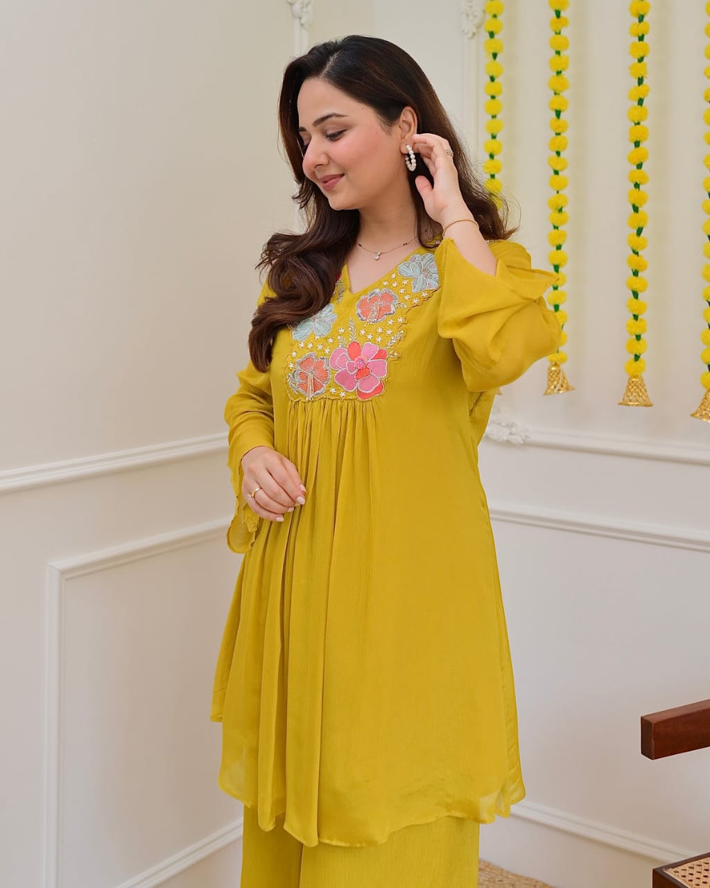 Mustard Yellow Floral Embroidered Yoke Short Kurti with Palazzo Set