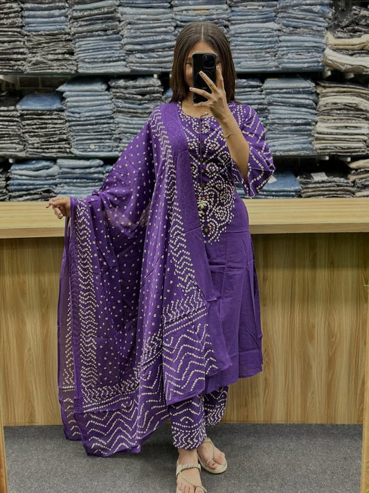 Royal Purple Bandhani Printed Cotton Kurta Set with Dupatta