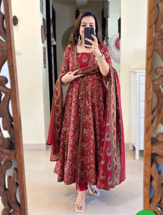 Royal Red Brocade Anarkali Kurta Set with Zari Dupatta