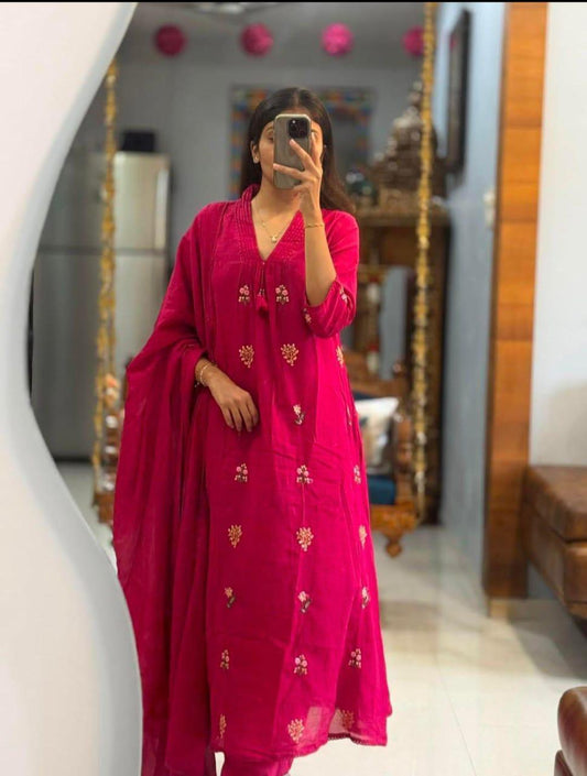 Rani Pink Embroidered Kurta Set with Dupatta