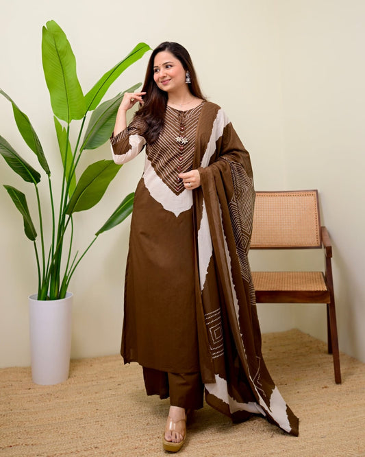 Earthy Brown Chevron Printed Kurta Set with Dupatta